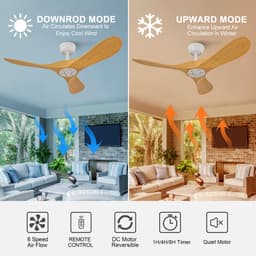 Plafondventilator 42 inch zonder verlichting - Met afstandsbediening - 6 snelheden - Omkeerbare DC-motor - 3 ABS-bladen - Geschikt voor slaapkamer en eetkamer — thumbnail 2