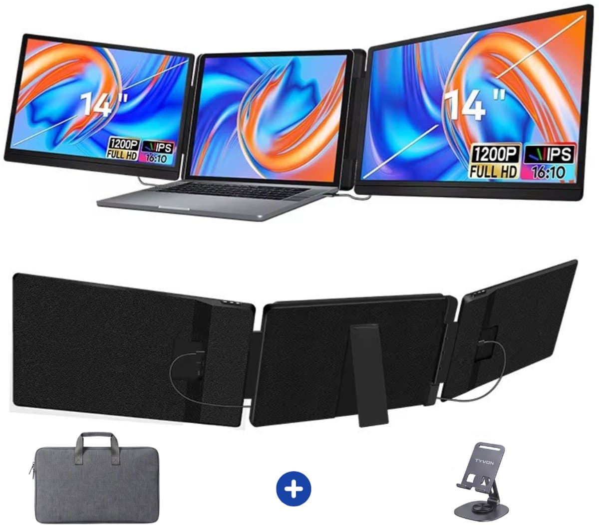 TYVON Triple Portable Monitor 14 inch - Flip - Tri screen - Full HD Draagbare monitor met USB-C & HDMI - Voor Apple en Windows - Plug & Play - Dubbel Scherm - Opvouwbaar - Laptop Scherm Uitbreider - Externe Monitor incl. Draagtas - Beeldscherm — afbeelding 1