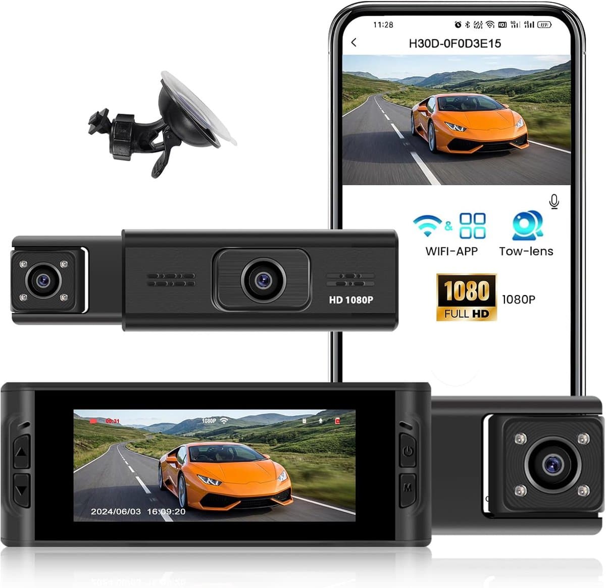 Dashcam Auto Dubbele Lens - Autocamera Full HD - Veilig Rijden Vastleggen - Bewegingsdetectie Parkeerstand - 3.16 Inch Display - Zwart — afbeelding 1