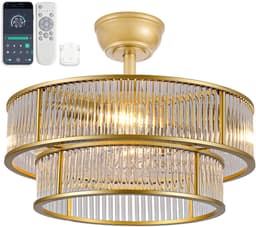 19 inch kristallen plafondventilator met dubbele verticale balk (goud) - App-bediening - 6 snelheidsstanden - Geluidsarm - ABS-bladen - Ideaal voor slaapkamer en kinderkamer — thumbnail 1