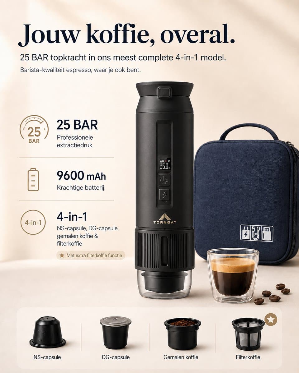 NomadBrew Ultra Draagbare Koffiemachine – 4-in-1 Zelfverwarmende Espressomachine 25 Bar – Auto, Camping & Camper – NS/DG-Capsules, Gemalen Koffie & Filterkoffie – Afneembare Afsluitbare Beker – 9600mAh – Warme Koffie Zonder Waterkoker – Zwart — afbeelding 1
