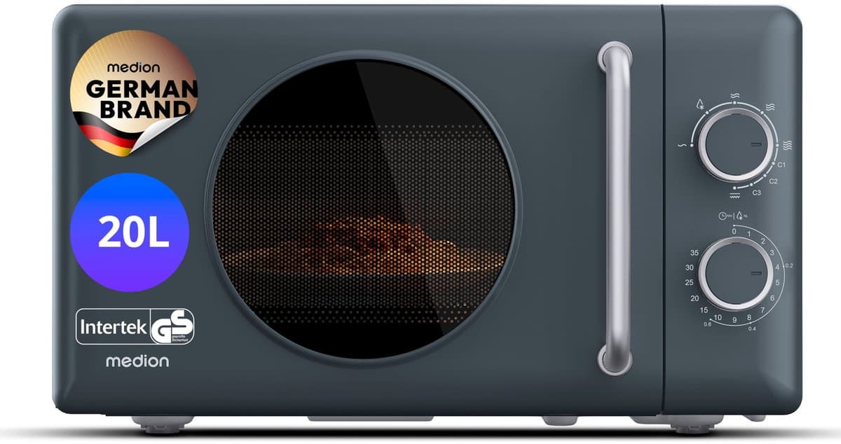 MEDION Retro magnetron met grill - 20 L - donkergrijs | 800 watt, 5 vermogensstanden, 3 combiprogramma’s, timer, ontdooifunctie, MD100119 — afbeelding 1
