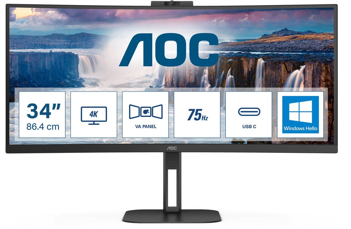 AOC V5 CU34V5CW - QHD Curved Ultrawide Monitor - USB-C - 65w - Webcam - 34 inch — afbeelding 1