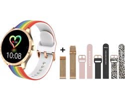 Belesy® BQSiRgRb PLUS - Smartwatch Dames – Smartwatch Heren - Horloge - 1.28 inch - Kleurenscherm - Stappenteller - Bloeddruk - Hartslag - 75+ Wijzerplaten – Sporten – Rose Goud - Milanees staal - Siliconen – Regenboog – Roze – Zwart - Panterprint