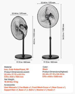 VEVOR 570mm Staande Ventilator 3 Snelheid 110,5-138cm Hoogte Verstelbaar — thumbnail 3