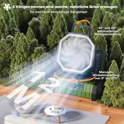 Draagbare Campingventilator met LED licht - 20.000 mAh, 4 standen, USB, Stil, Met Afstandsbediening en Haken - Ideaal voor Picknick, Barbecue, Vissen en Wandelen — thumbnail 1