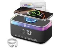 Muring Digitale Wekkerradio – Digitale Klok Slaapkamer – 15 W Draadloos opladen - Speaker met bluetooth - 13 Lichtstanden - Lichtwekker – Wekker voor kinderen & volwassenen – Netstroom – Alarmklok – Zwart