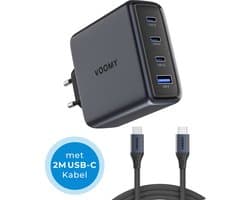 Voomy USB C Adapter 140W - Oplader - Snellader met 2M Oplaadkabel - USB C Lader - Universeel - 2 USB C & 1 USB A Poort - Geschikt voor Laptop, telefoon, tablets en meer - Space Grey
