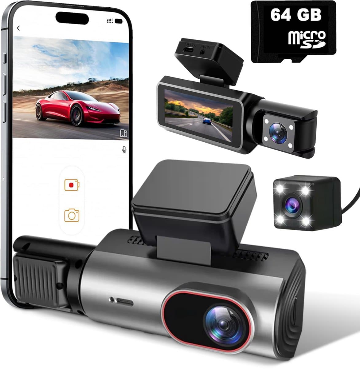 Tech Essentials A100 Dashcam - 1080P - Wifi - SD Kaart 64GB - Met Achteruitrijcamera - USB-C - Voor Auto Camera - Voor En Achter - Full HD - Parkeermodus - Nachtzicht — afbeelding 1