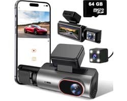 Tech Essentials A100 Dashcam - 1080P - Wifi - SD Kaart 64GB - Met Achteruitrijcamera - USB-C - Voor Auto Camera - Voor En Achter - Full HD - Parkeermodus - Nachtzicht