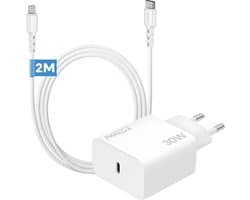 Snellader met usb C poort met geschikt voor Lightning naar usb C kabel - 30w oplader geschikt voor iPhone en iPad met oplaadkabel 2 meter wit