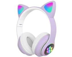 Paarse en witte kinderkoptelefoon - draadloze over-ear koptelefoon - kinderkoptelefoon - in-ear Bluetooth-microfoon - kattenoortjes - met licht - roze