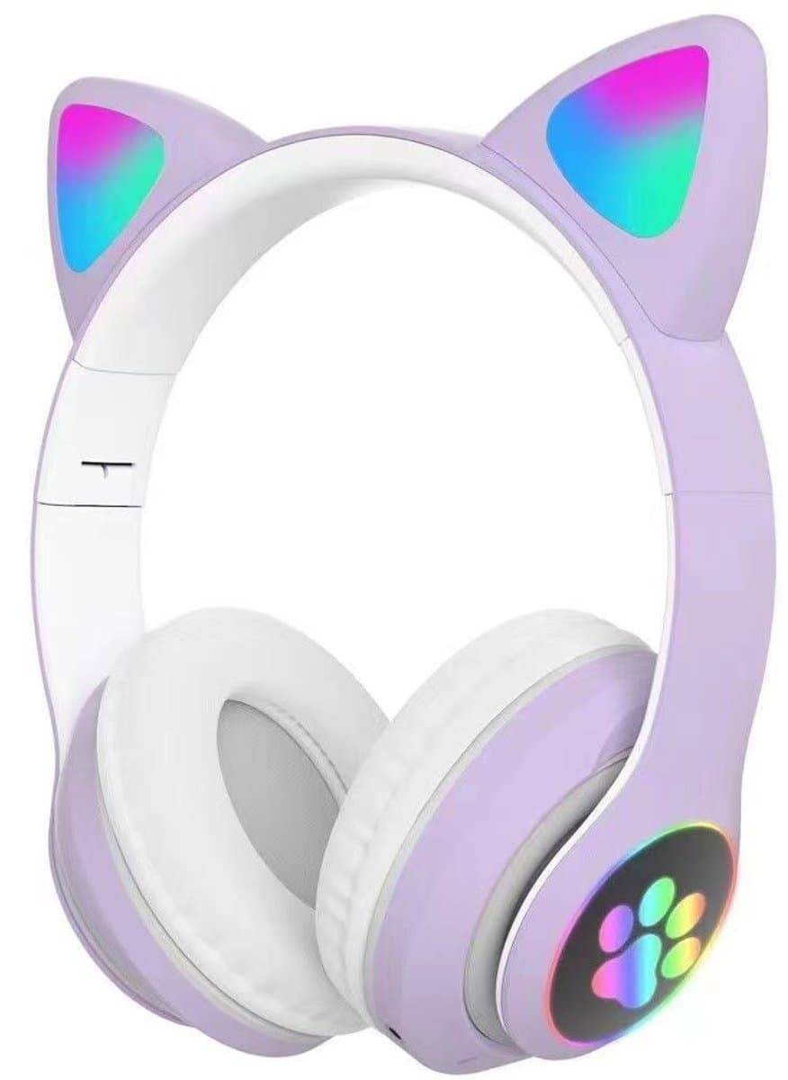 Paarse en witte kinderkoptelefoon - draadloze over-ear koptelefoon - kinderkoptelefoon - in-ear Bluetooth-microfoon - kattenoortjes - met licht - roze — afbeelding 1