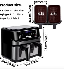 J&R Airfryer - Dubbele Airfryer - Grote airfryer - Hetelucht oven - Heteluchtfriteuse - XL Airfryer - 9L - 2 Laden - Zwart — thumbnail 2