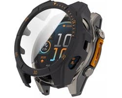 Strap-it Hard case hoesje met ingebouwde screen protector - geschikt voor de Garmin Fenix 8 - 47mm AMOLED (zwarte kleur met oranje accenten)
