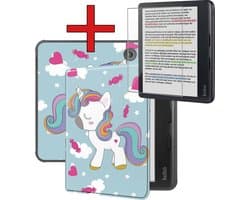 Hoes Geschikt voor Kobo Libra Colour - Met Screenprotector - Luxe E-reader Bescherm Case - Hoesje Book Cover - Eenhoorn