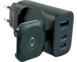 Strap-it 43W adapter met oplader geschikt voor Galaxy Watch 6 (Classic) / 5 (Pro) / 4 (Classic) - Meerdere apparaten tegelijkertijd opladen - draadloze smartwatch oplader - Adapter met USB - A aansluiting en 2 USB - C aansluitingen (zwart)