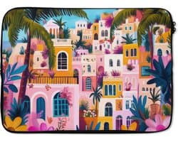 Laptophoes 14 inch - Kleurrijk - Roze - Oranje - Geel - Bloemen - Laptop sleeve - Binnenmaat 33x23 cm - Zwarte achterkant