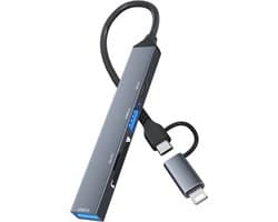 8-Pin en USB-C naar SD - Micro SD kaart - USB 3.0 - kaartlezer adapter hub geschikt voor o.a. iPhone iPad en laptop - grijs - Provium