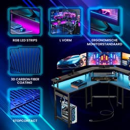 Lugia Hoekbureau - Gaming Bureau - L-Vormig 130cm x 78cm x 48cm - Bureau - Led Verlichtingen - Krasbestendig - Monitor Stand - Stopcontact - Gaming Desk - Game Bureau — thumbnail 2