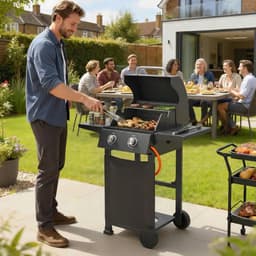 Gasbarbecue - Gasbarbecue en grill - 2 Branders - 5,4 kW - Grillwagen - met Grillrooster, Wielen, Inklapbaar Bijzettafels, Drukregelaar, Slangen, Thermometer en Warmhoudplaten - 95 x 53 x 111.5 cm - Zwart — thumbnail 4