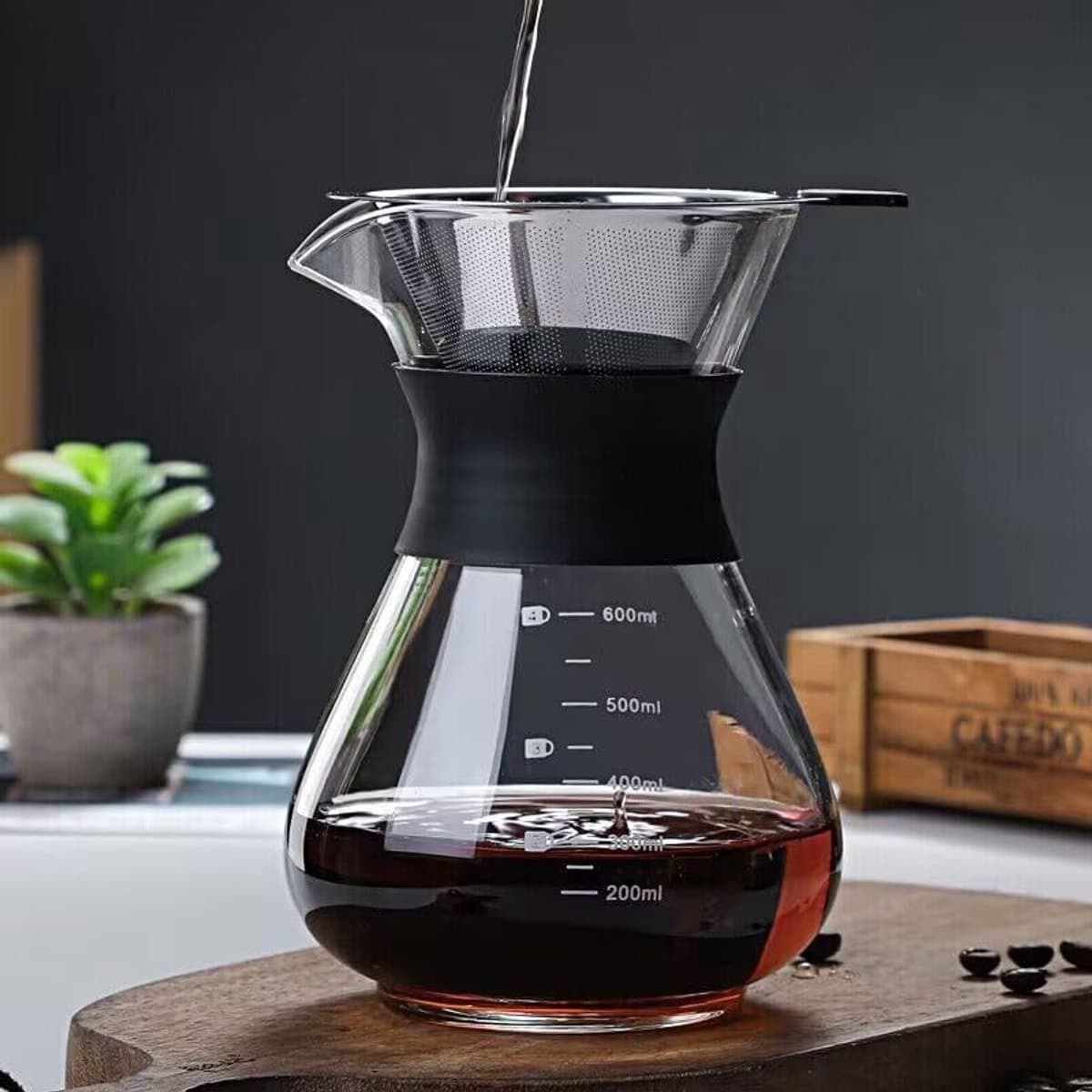 Pour Over Koffiezetapparaat Glas - Perfecte Smaak Zonder Filterpapier - Dubbele RVS Filter - Hittebestendig Borosilicaat Glas - Handmatige Koffiebereider Voor Thuis Reizen Camping - Coffee Dripper Filter Koffie Maker — afbeelding 1