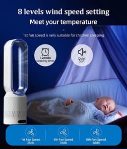Torenventilator Luchtreiniger - Bladeloze Ventilator - Binnenklimaat Verbeteren - 2-in-1 Functie - 56 Cm - Wit Blauw — thumbnail 4