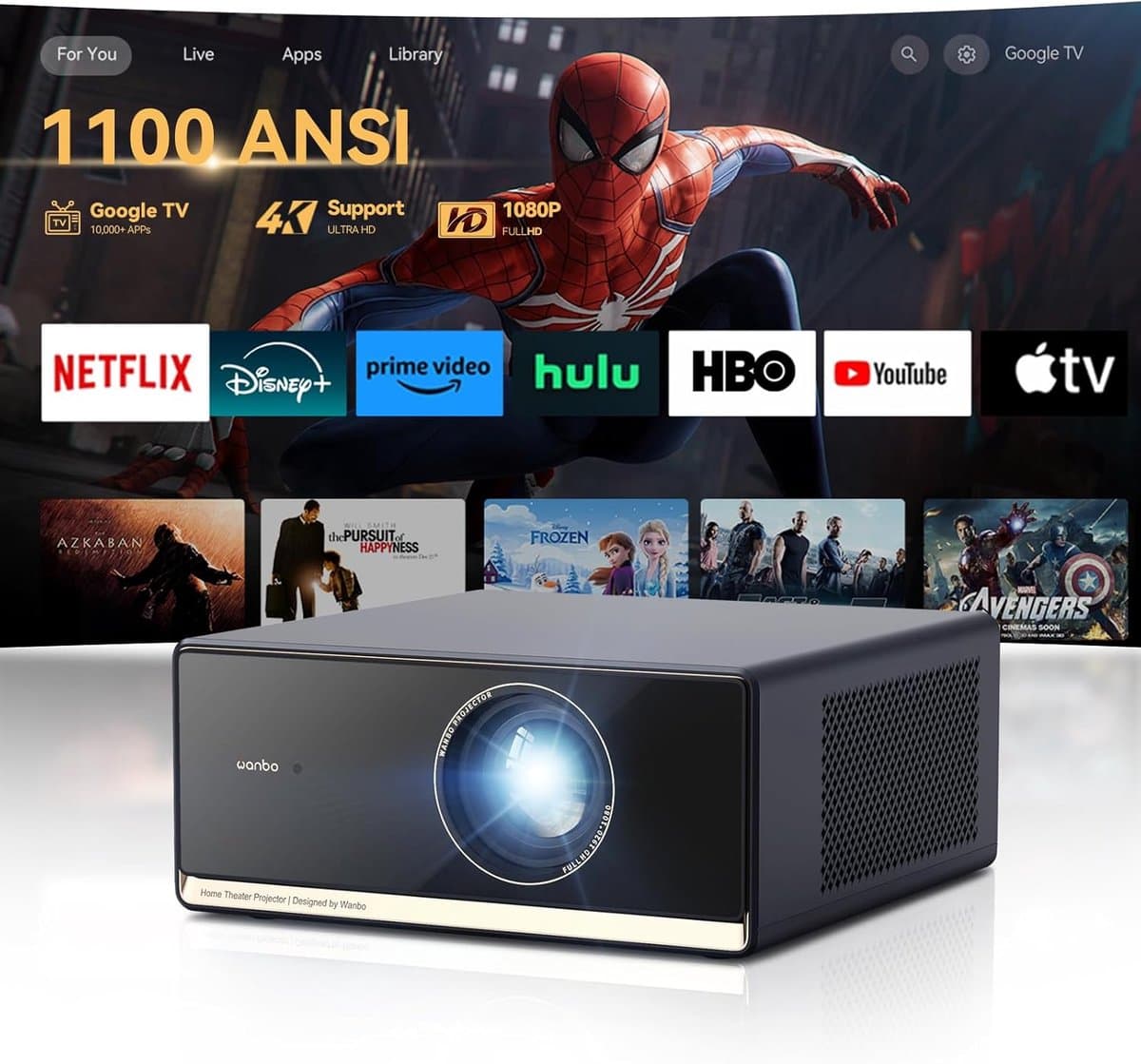 4K Beamer met Google TV – Native Full HD Projector, 1100 ANSI Lumen, Autofocus, HDR10, Wifi & Bluetooth, Netflix Compatibel — afbeelding 1