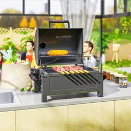 Premie Houtskool Barbecue - Smoker Barbecue - Houtskoolgrill - Grillwagen met Deksel, Warmhoudrek, Aslade, Thermometer - BBQ voor Kamperen, Buiten, Tuin - RVS - 67 x 53 x 55 cm - Zwart — thumbnail 4