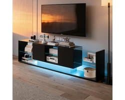 Tv-meubel met LED - Televisietafel Lowboard - Opbergen Elektronica - Hoogglans Afwerking - 200x34x45 cm - Zwart