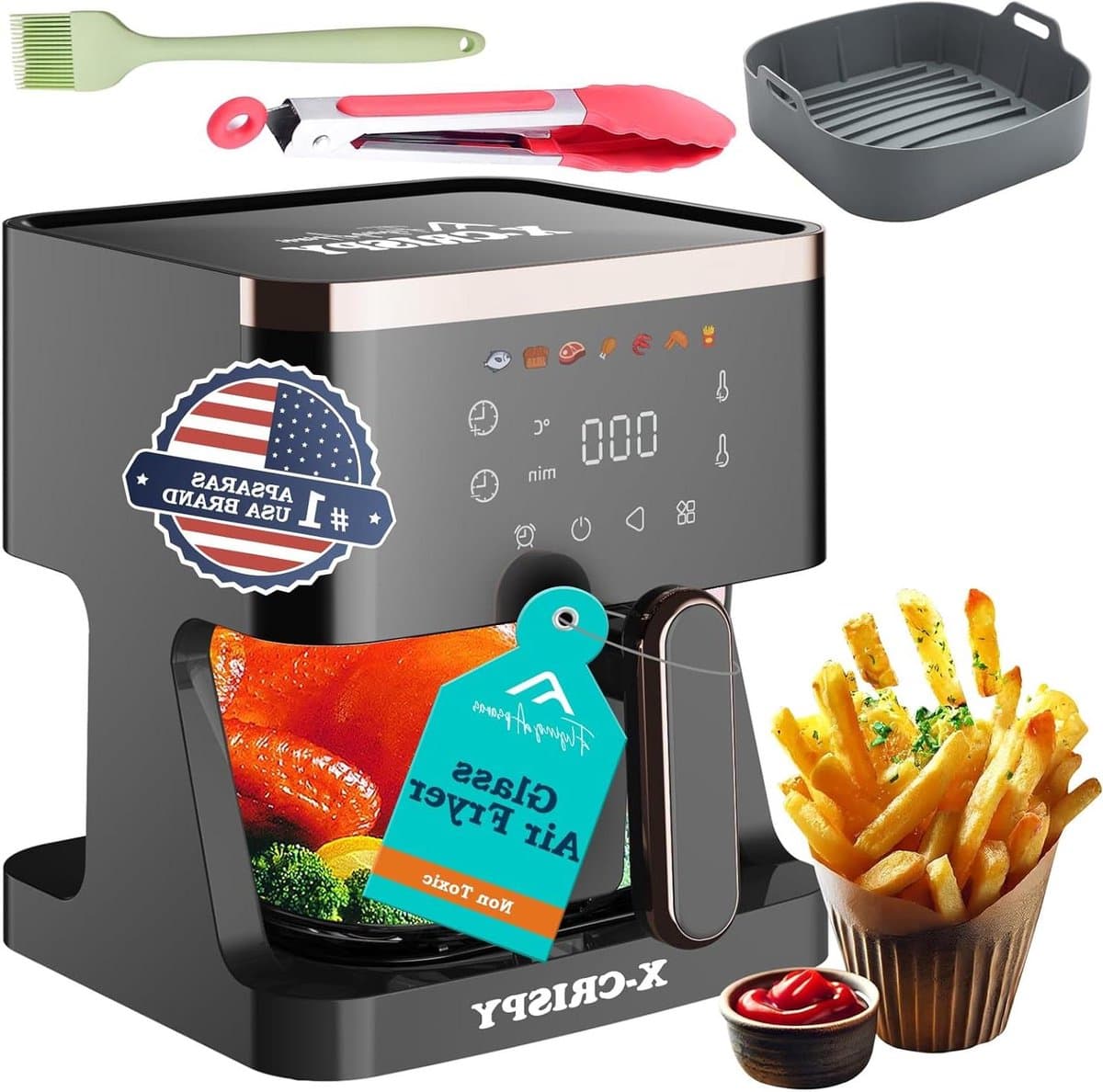 luchtfriteuse van glas, luchtfriteuse met glazen pan, transparante kom voor de beste kookresultaten, garnalen, steak, friet, vleugels, kip en — afbeelding 1