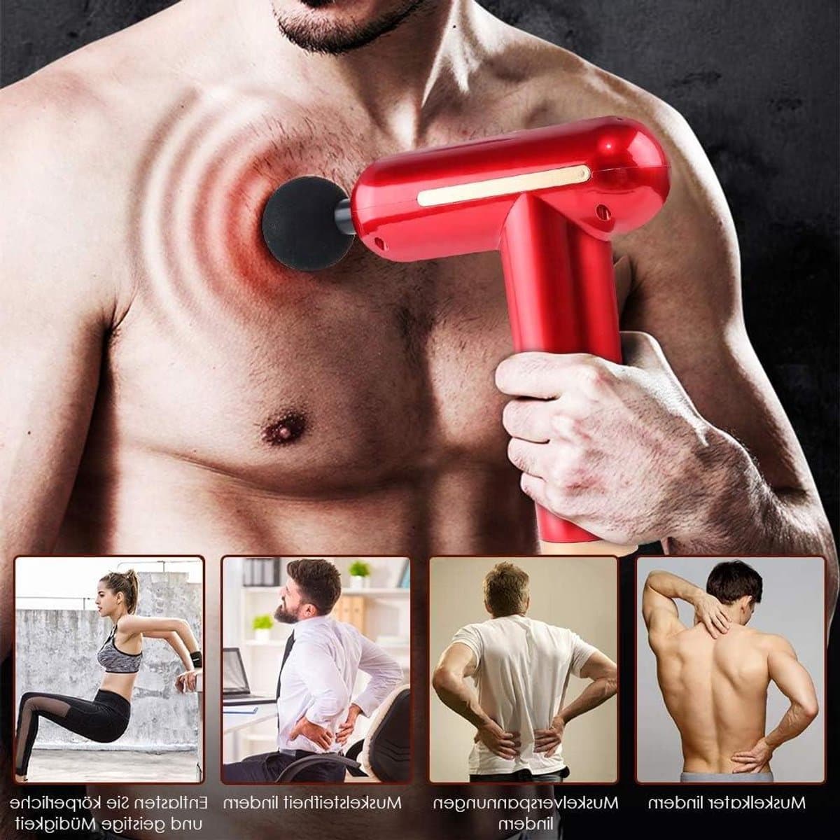 Massagepistool - Draagbaar apparaat - Spierherstel - 6 snelheden 4 koppen - 12mm diepte - Rood — afbeelding 1