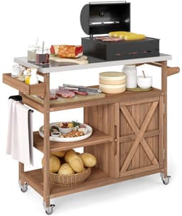 Buitenkeuken op Wielen – BBQ Trolley – Met Opbergkast & Planken – Werktafel voor Buiten – Hout & Metaal – Multifunctioneel – Koffie + Zilver — thumbnail 1