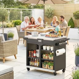 Buitenkeuken op Wielen – BBQ Trolley – Met Opbergkast & Planken – Werktafel voor Buiten – Hout & Metaal – Multifunctioneel – Zwart — thumbnail 2
