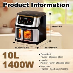 Heteluchtfriteuse Oven - Digitale Airfryer - Gezond Koken - 8-in-1 Multifunctioneel - 10 Liter - Zilver — thumbnail 5