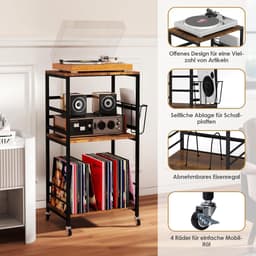 Platenspeler Stand - Platenspeler Meubel - 3 Etages - Verrijdbare Kast met Wielen - Vinyl Opbergsysteem voor LP's - Houten Platenkast - LP Record Holder - Tafel voor Draaitafel - Bijzettafel voor Woonkamer, Slaapkamer & Kantoor — thumbnail 3