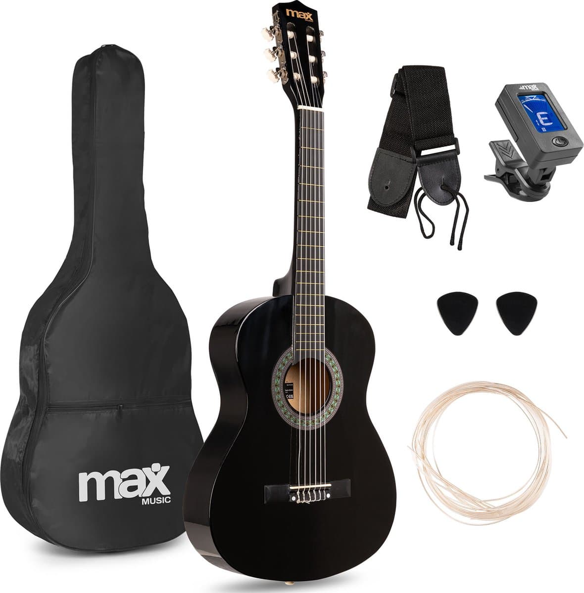 Kinder gitaar - MAX SoloArt akoestische gitaar 3/4 - Met gratis muzieklessen en accessoires - Zwart — afbeelding 1