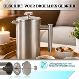 Somstyle French Press Cafetiere - 600 ML - Dubbelwandige Koffiepers - RVS Koffiepot - Verse Koffiemaker - Zilverkleurig — thumbnail 5