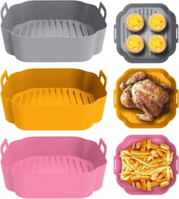 Siliconen bakvormen voor airfryers, 3-delige set, 20 cm, herbruikbaar, verdikte vierkante siliconen bakvormen voor airfryers (roze + grijs + gembergeel). — thumbnail 1