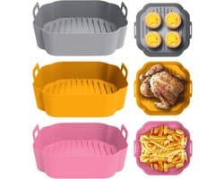 Siliconen bakvormen voor airfryers, 3-delige set, 20 cm, herbruikbaar, verdikte vierkante siliconen bakvormen voor airfryers (roze + grijs + gembergeel).