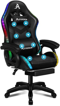 Gamestoel, 12 RGB LED-kleurenafstandsbediening, armleuningen met schuifrail, intrekbare voetsteun, 8-punt massage verstelbaar kussen — thumbnail 1