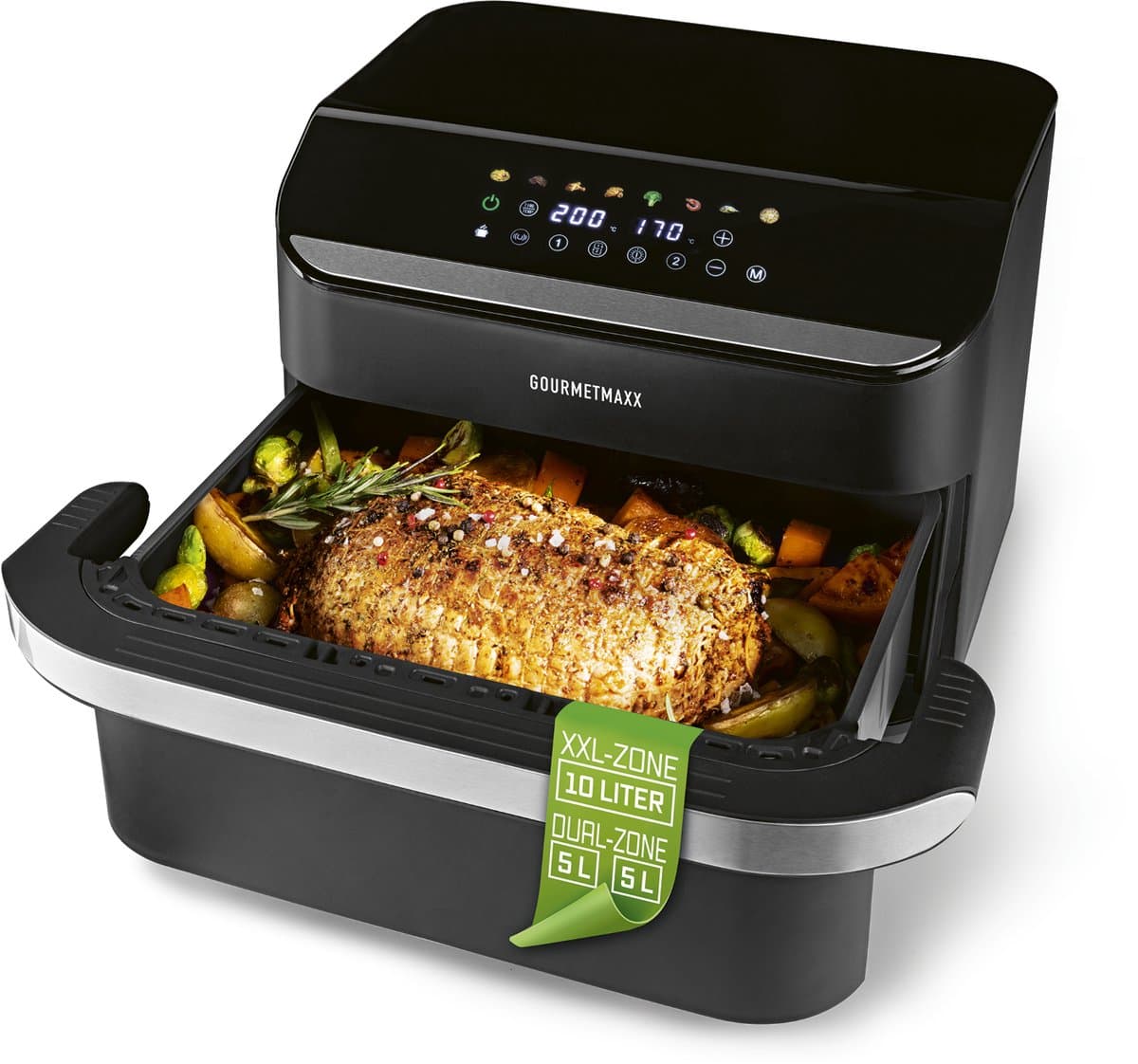 GOURMETmaxx heteluchtfriteuse, 10 l – 2 x 5 l Airfryer Vario-kamer | Friteuse met 8 programma’s en touchscreen | Heteluchtfriteuse met 2 kamers – 2 gerechten tegelijk bereiden | voor max. 8 personen — afbeelding 1