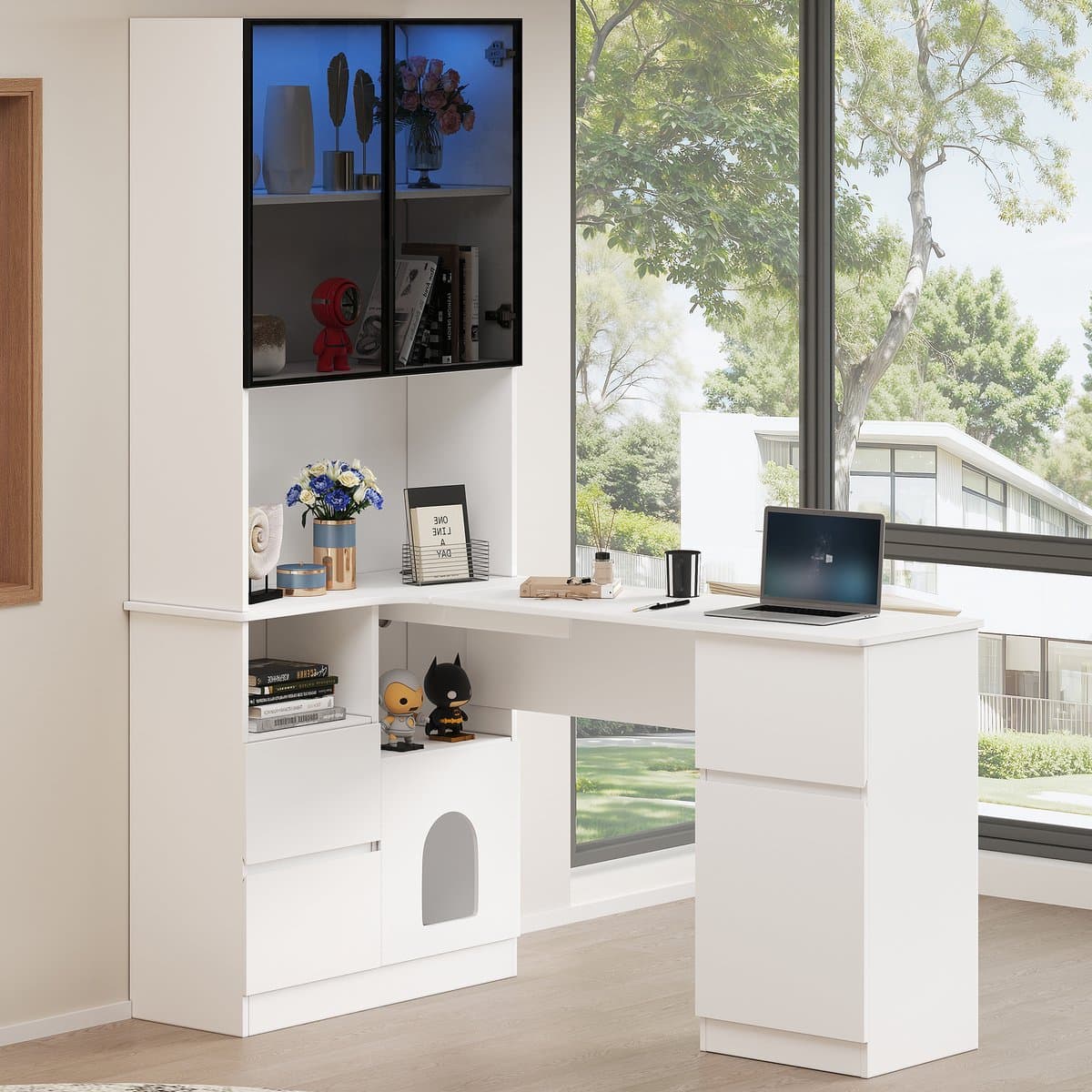 Hoekbureau - Bureau Met LED Vitrinekast En Opbergruimte - 120cm Werkplek Met Kabelmanagement - Incl. Huisdierenverblijf, 3 Lades En 2 Deuren - Wit — afbeelding 1