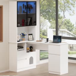 Hoekbureau - Bureau Met LED Vitrinekast En Opbergruimte - 120cm Werkplek Met Kabelmanagement - Incl. Huisdierenverblijf, 3 Lades En 2 Deuren - Wit — thumbnail 1