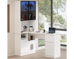 Hoekbureau - Bureau Met LED Vitrinekast En Opbergruimte - 120cm Werkplek Met Kabelmanagement - Incl. Huisdierenverblijf, 3 Lades En 2 Deuren - Wit