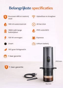 Yemtech® Draagbare Espressomachine – 3 in 1 Elektrische Draagbare Koffiemachine - Ruim 100 ml - Espresso machine - Espressomachine voor Auto Camping Vrachtwagen – Inclusief Draagkoffer — thumbnail 5