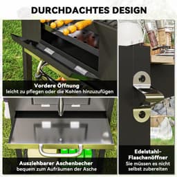 Premie Houtskool Barbecue - Smoker Barbecue - Barbecuegrill - Grillwagen - in Hoogte Verstelbare Houtskoolbak - Houtskoolgrill met Deksel, Flesopener, Thermometer, Planken - Verplaatsbaar - BBQ voor buiten, tuin - Zwart — thumbnail 2