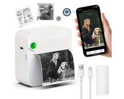 Microprinter - Zakprinter - Thermische stickerprinter zonder inkt - Draadloze draagbare bonnenprinter - voor foto's, agenda's, notities en memo's - inclusief 1 rol thermisch papier - wit