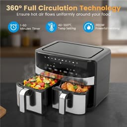 Heteluchtfriteuse Dubbele Mand - Luchtfriteuse Airfryer - Gezinsmaaltijden Bereiden - Dubbele Kamer Technologie - 8 Liter Capaciteit - Zwart Zilver — thumbnail 5