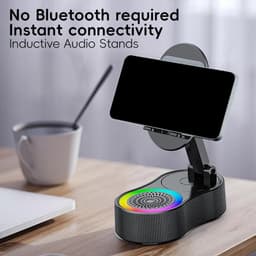 Draadloze inductie-audio-Bluetooth-luidspreker, 5-in-1 telefoonhouder, oplaadbaar voor noodgevallen met kleurrijk omgevingslicht - Bluetooth-vrije tabletstandaard met automatische verbinding, 360° geluid en RGB-verlichting (roze) — thumbnail 2